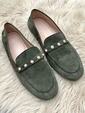 Stuart Weitzman EUC Allpearls Driving Loafers Green Suede Sz 11